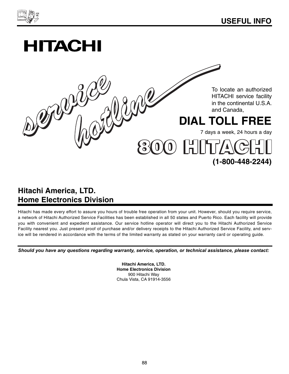 Dial toll free, Useful info, Hitachi america, ltd. home electronics division | Hitachi 50VX915 User Manual | Page 88 / 96