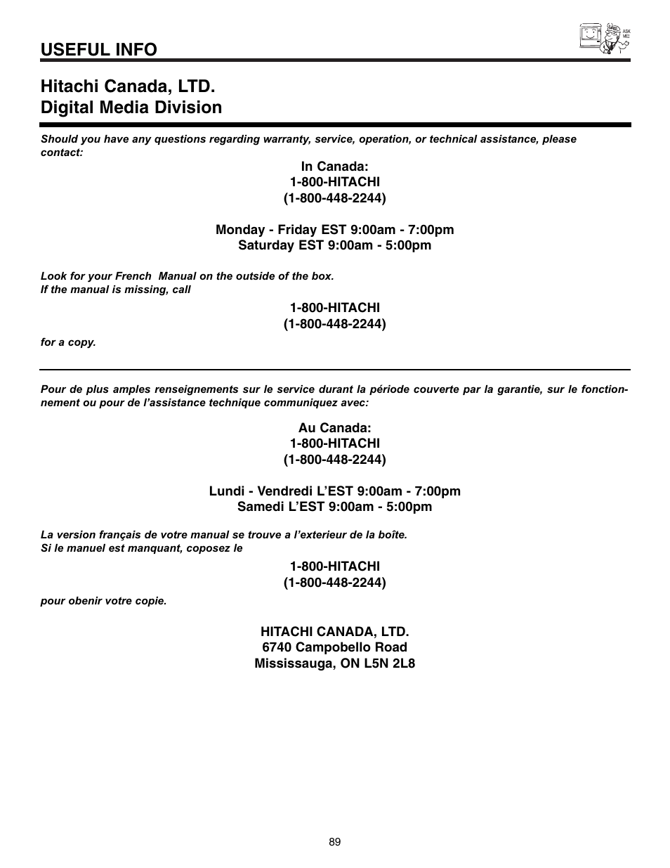 Useful info, Hitachi canada, ltd. digital media division | Hitachi 50VX915 User Manual | Page 89 / 96