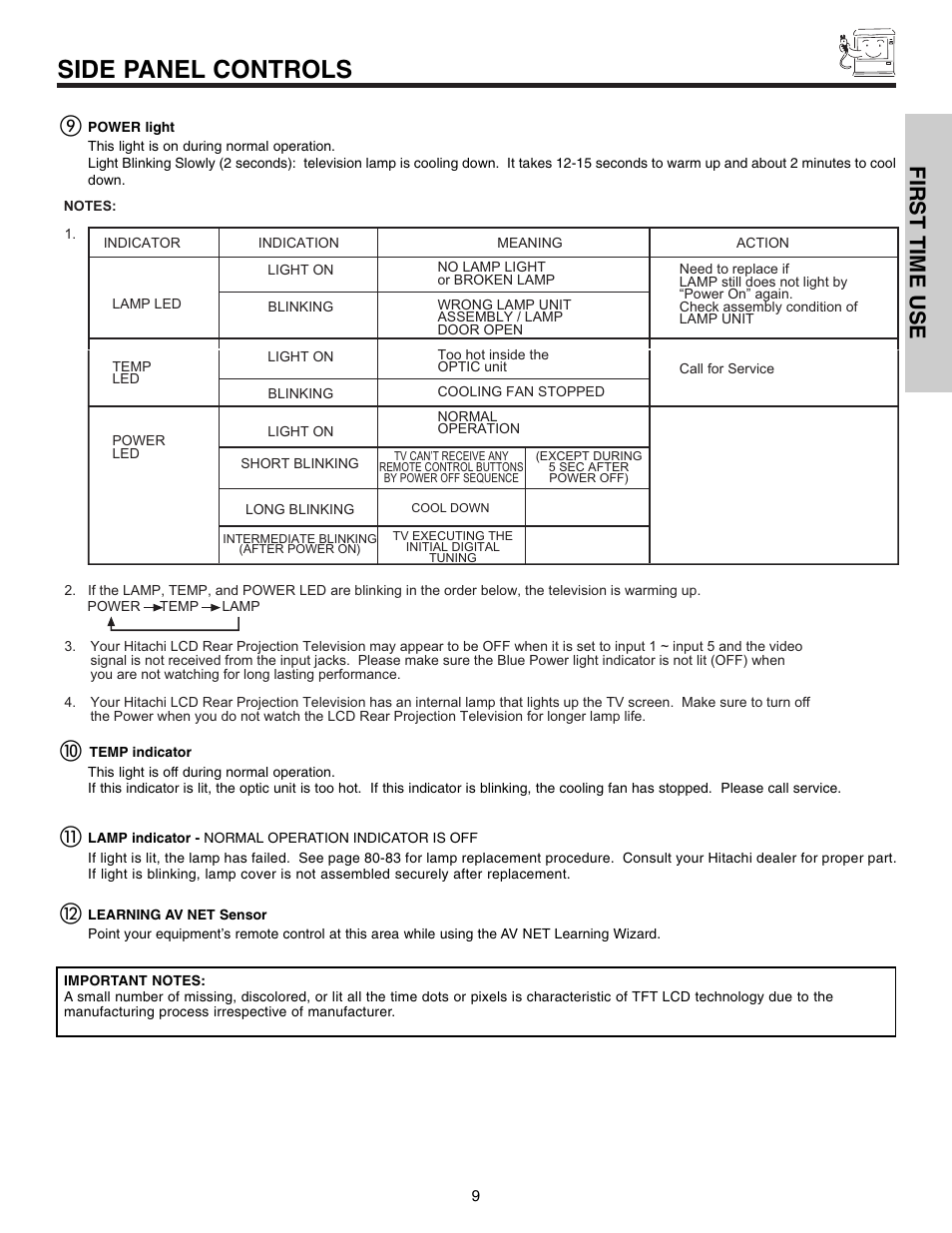 Side panel controls, First time use | Hitachi 50VX915 User Manual | Page 9 / 96