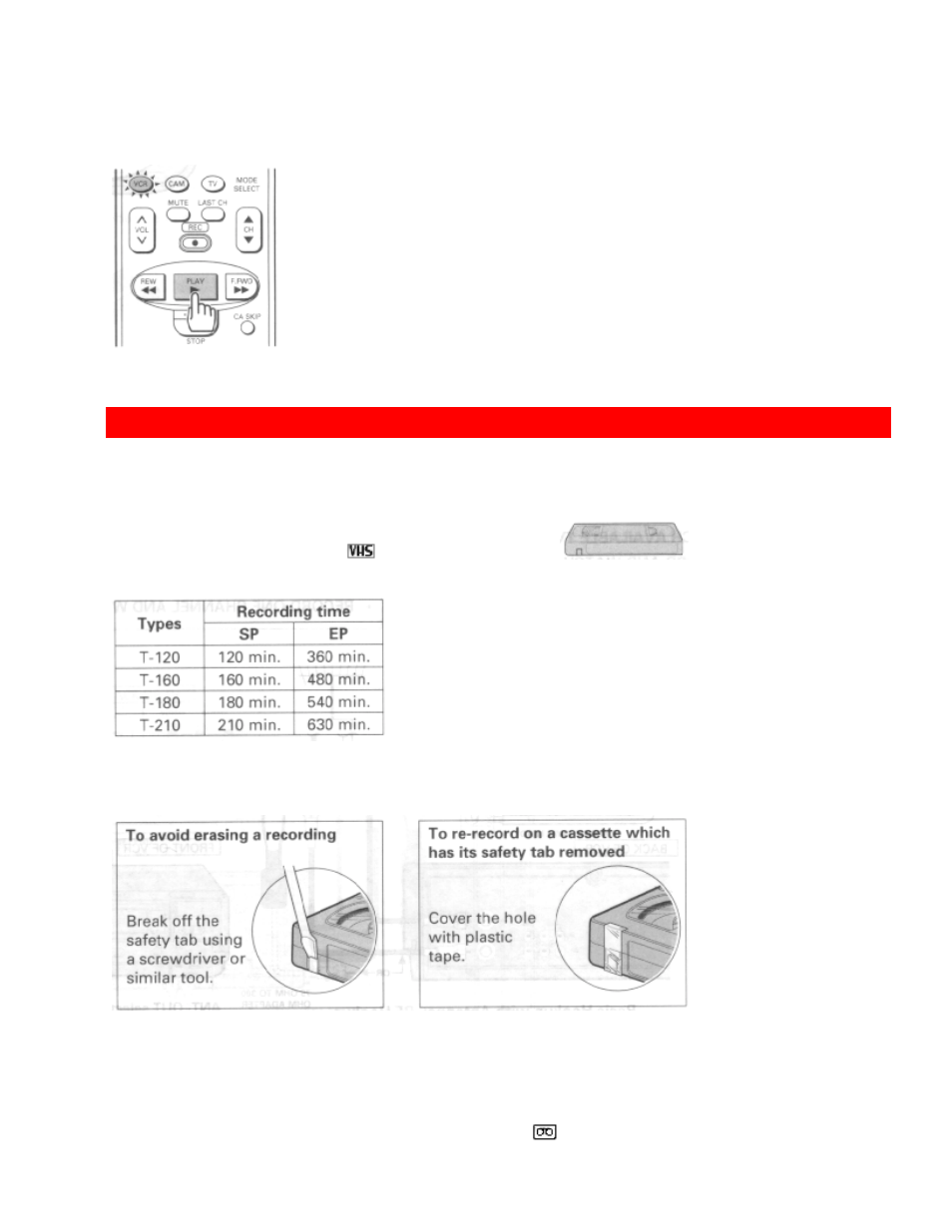 Cassette tapes, Types safety tabs prevent erasure insertion, Types | Safety tabs prevent erasure, Insertion | Hitachi VT-UX617A User Manual | Page 14 / 81