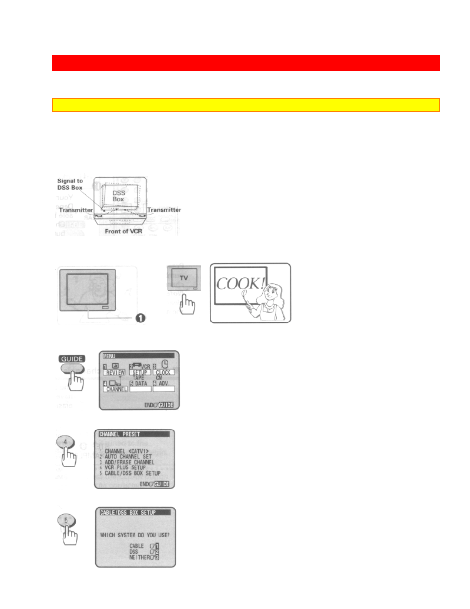Dss box setup, Hookups [h] or [i].) | Hitachi VT-UX617A User Manual | Page 34 / 81