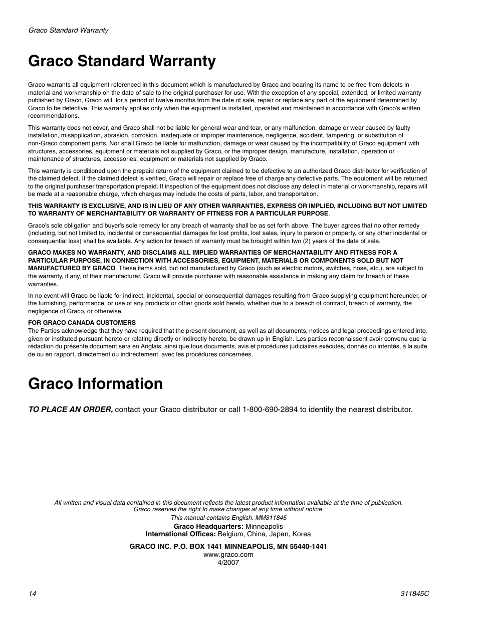 Graco standard warranty, Graco information | Hitachi 288466 User Manual | Page 14 / 14