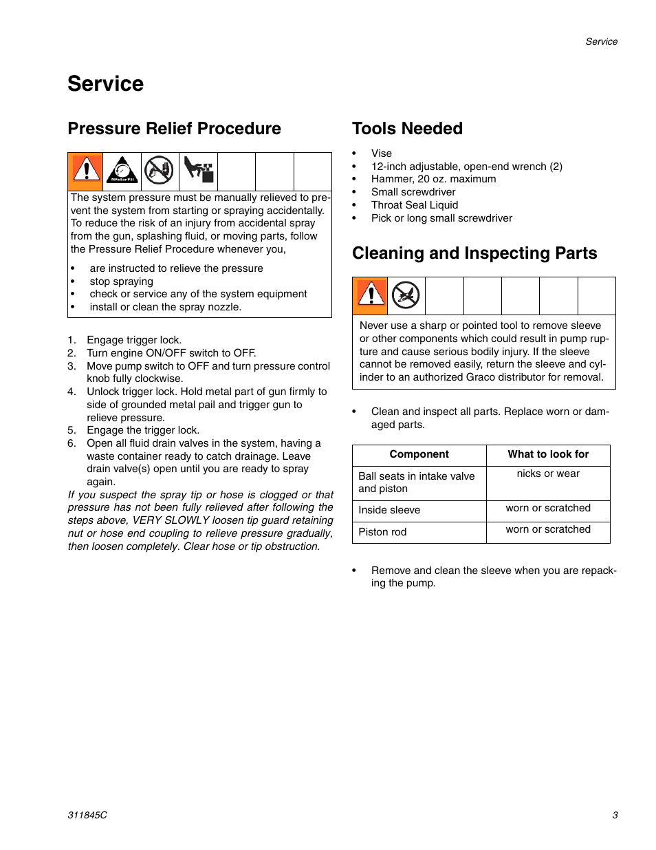 Service, Pressure relief procedure, Tools needed | Cleaning and inspecting parts | Hitachi 288466 User Manual | Page 3 / 14