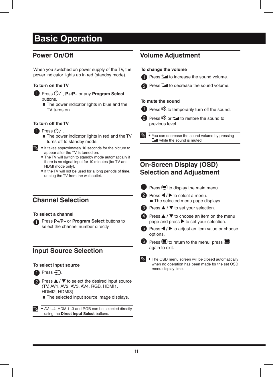 Basic operation, Power on/off, Channel selection | Input source selection, Volume adjustment, On-screen display (osd) selection and adjustment | Hitachi L42N03A User Manual | Page 11 / 24