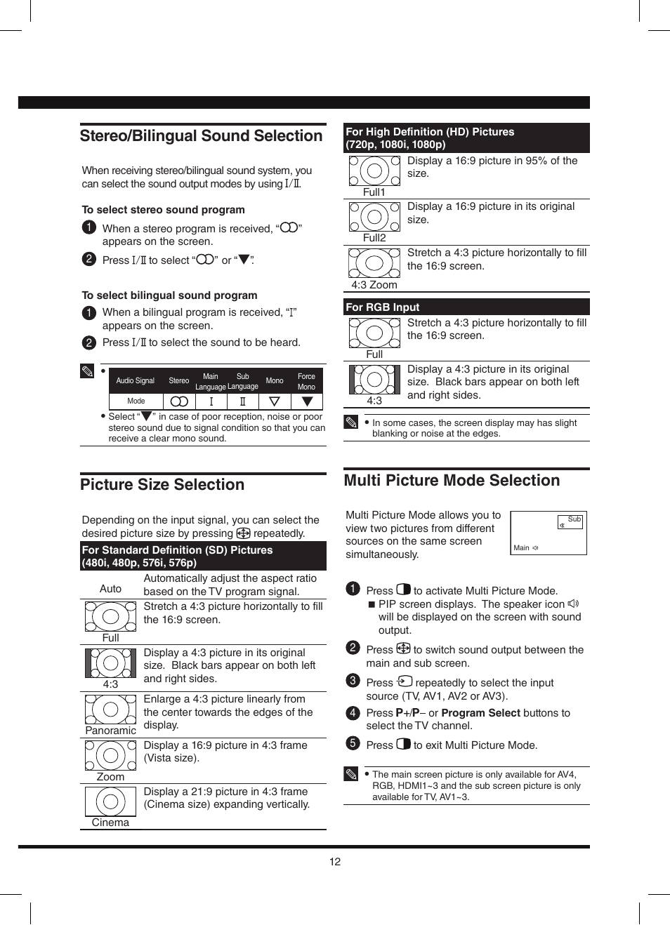 Stereo/bilingual sound selection, Picture size selection, Multi picture mode selection | Hitachi L42N03A User Manual | Page 12 / 24
