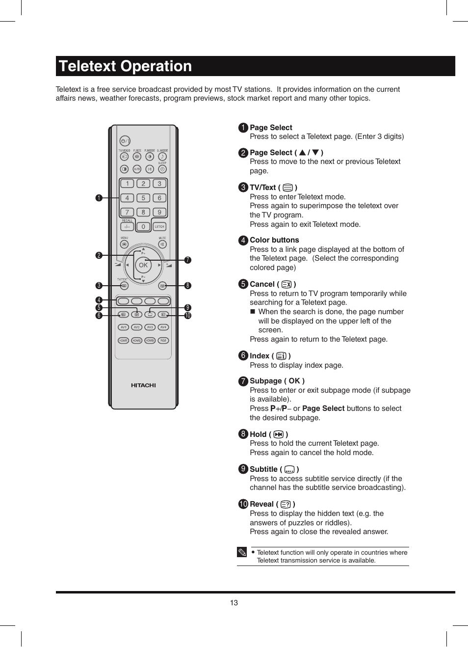 Teletext operation | Hitachi L42N03A User Manual | Page 13 / 24