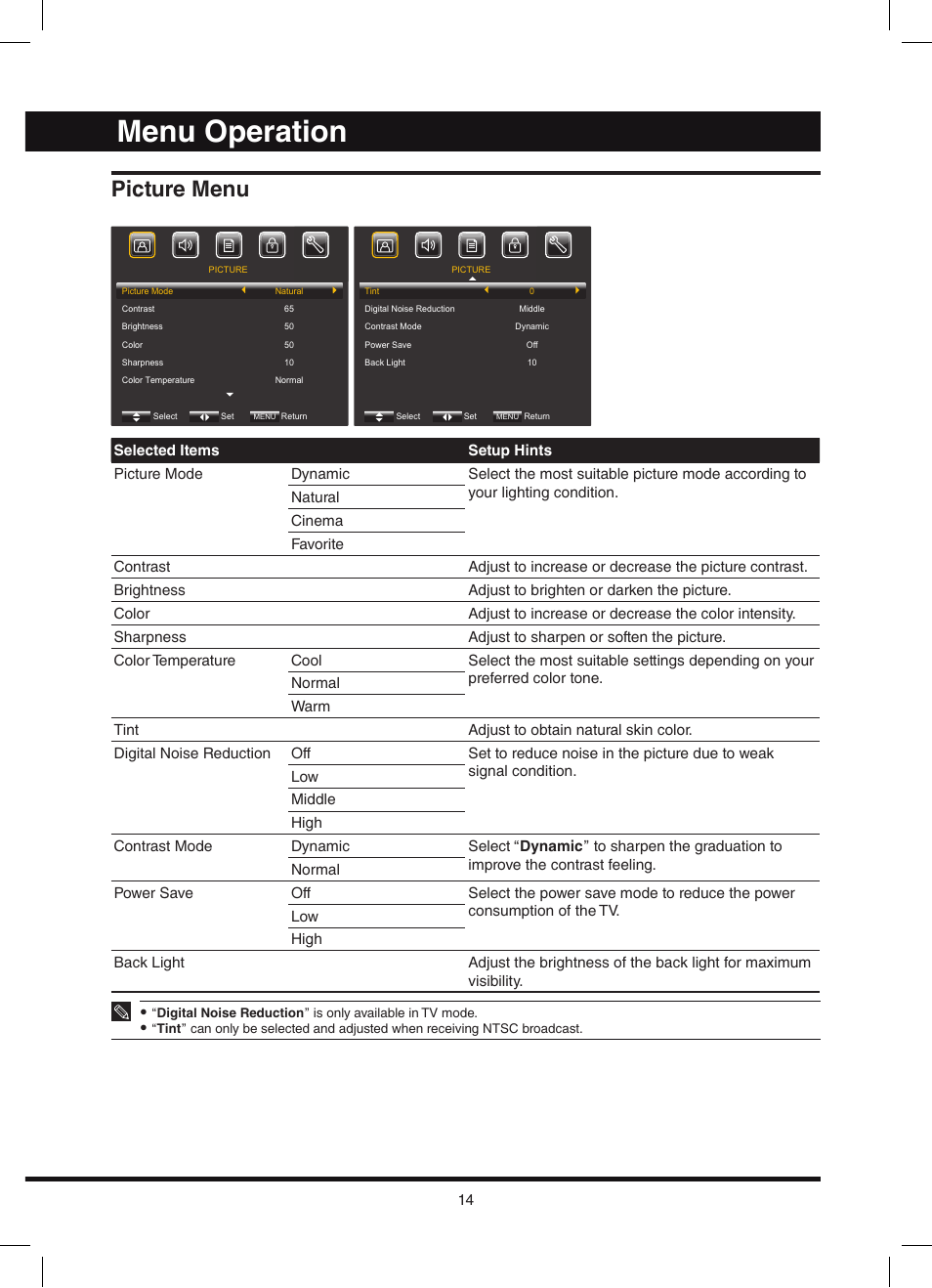 Menu operation, Picture menu | Hitachi L42N03A User Manual | Page 14 / 24