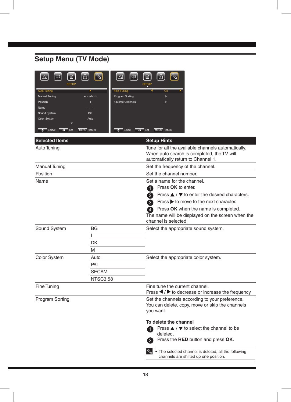 Setup menu (tv mode) | Hitachi L42N03A User Manual | Page 18 / 24