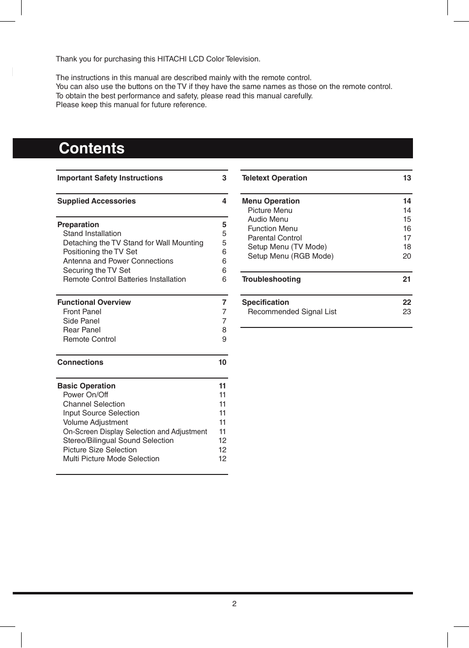 Hitachi L42N03A User Manual | Page 2 / 24