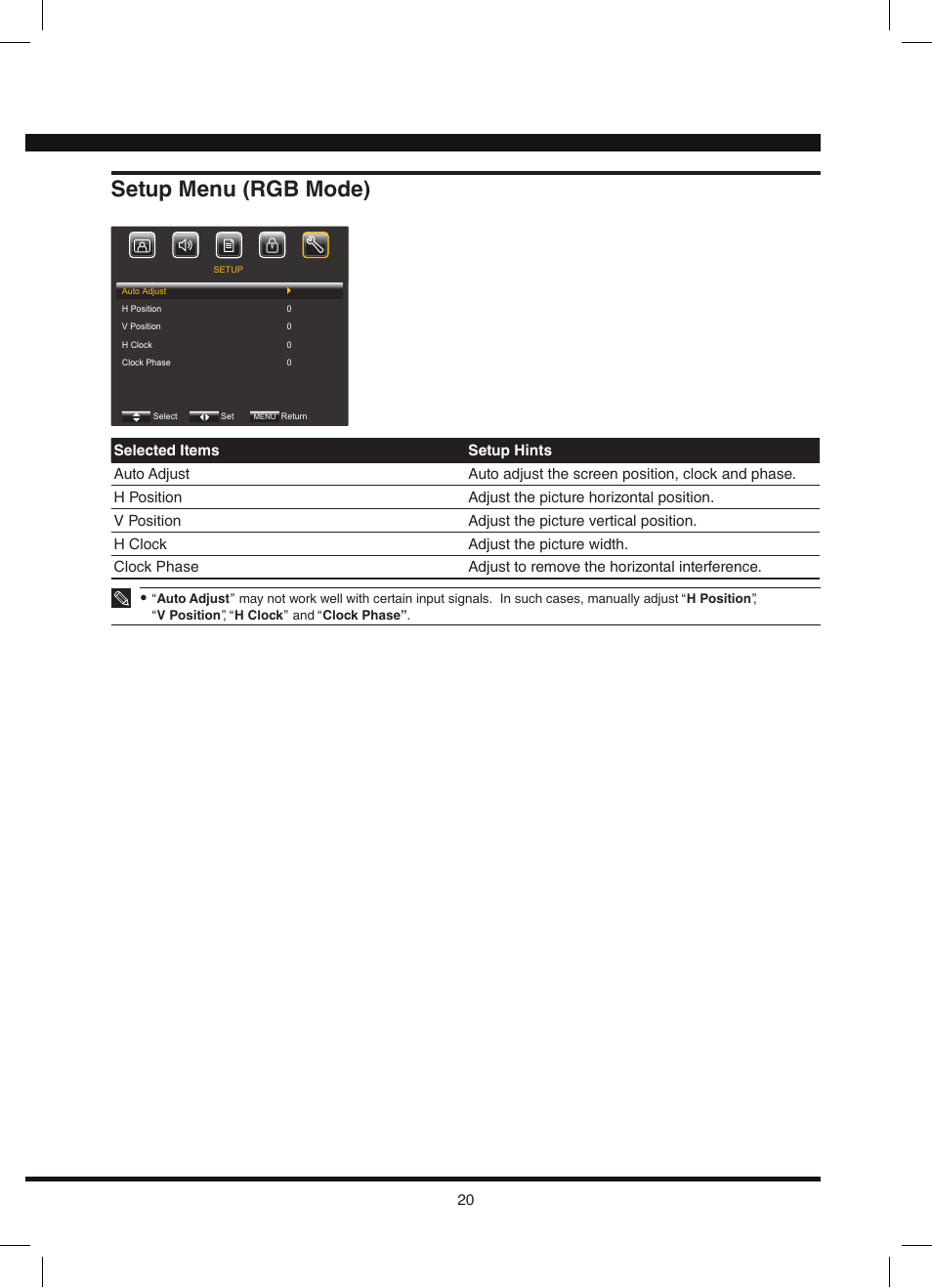 Setup menu (rgb mode) | Hitachi L42N03A User Manual | Page 20 / 24