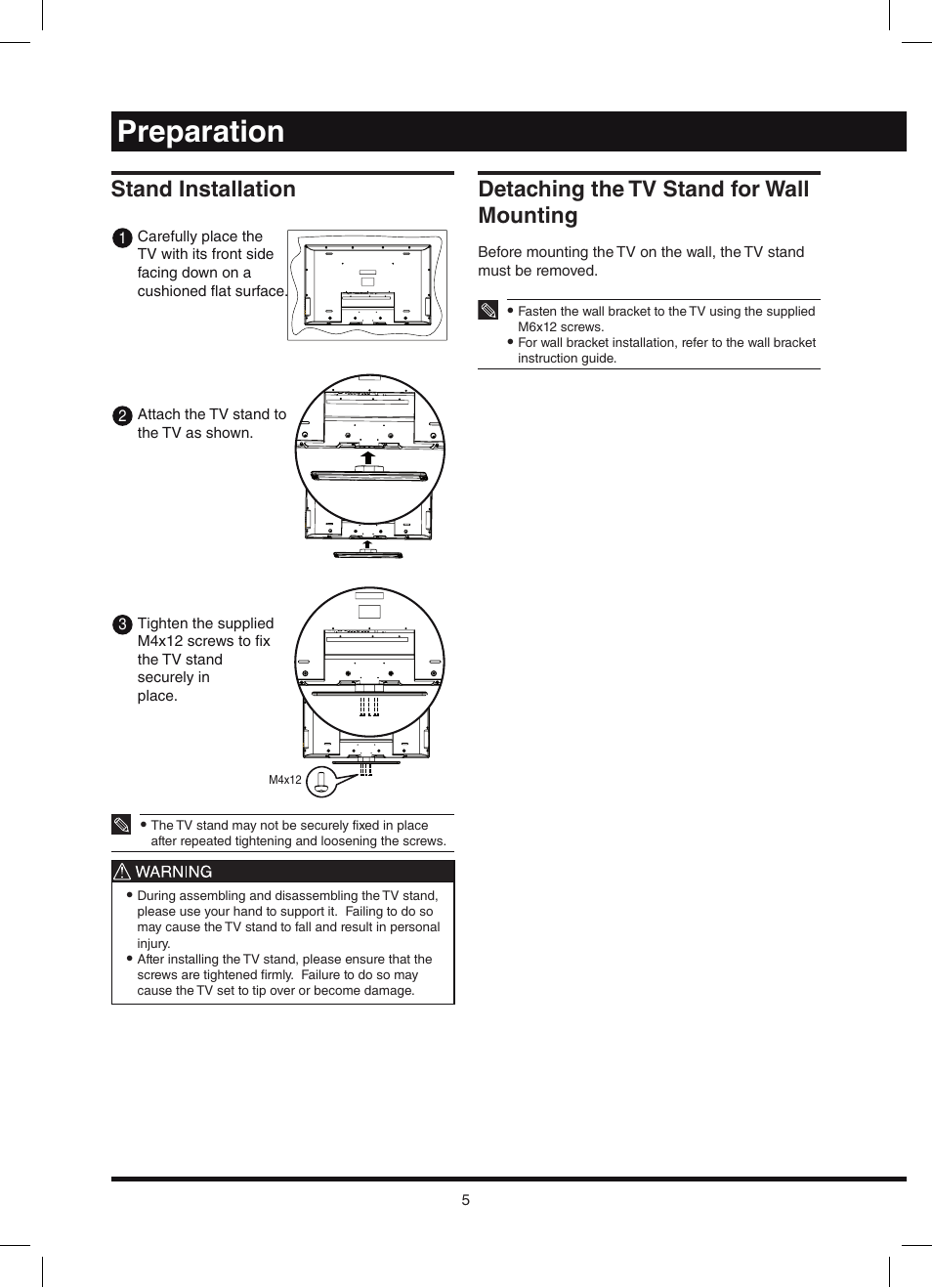 Preparation, Stand installation, Detaching the tv stand for wall mounting | Hitachi L42N03A User Manual | Page 5 / 24
