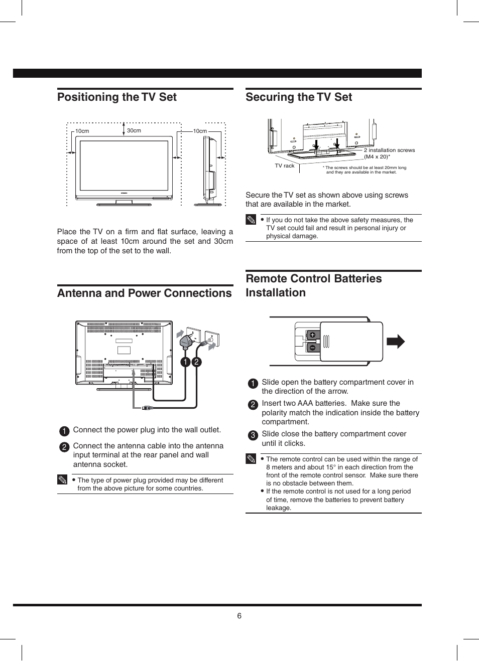 Positioning the tv set, Antenna and power connections, Securing the tv set | Remote control batteries installation | Hitachi L42N03A User Manual | Page 6 / 24