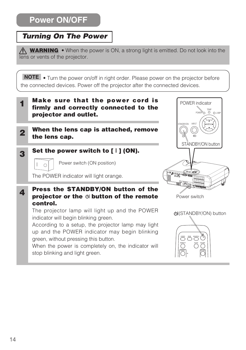 Power on/off, Turning on the power, When the lens cap is attached, remove the lens cap | Set the power switch to [ | ] (on) | Hitachi CP-S210F User Manual | Page 14 / 55