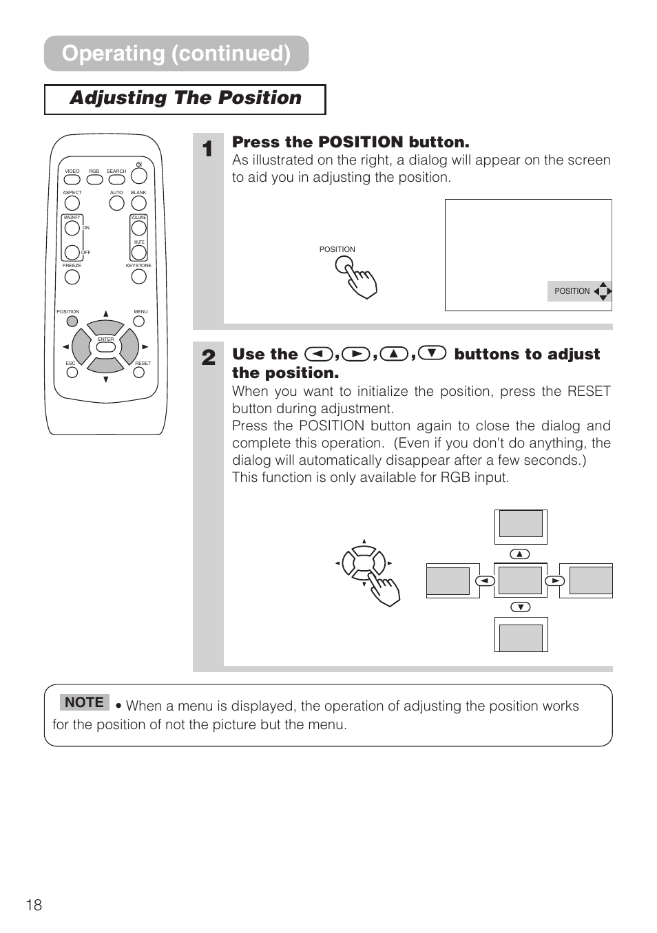 Operating (continued), Adjusting the position, Press the position button | Use the , , , buttons to adjust the position | Hitachi CP-S210F User Manual | Page 18 / 55