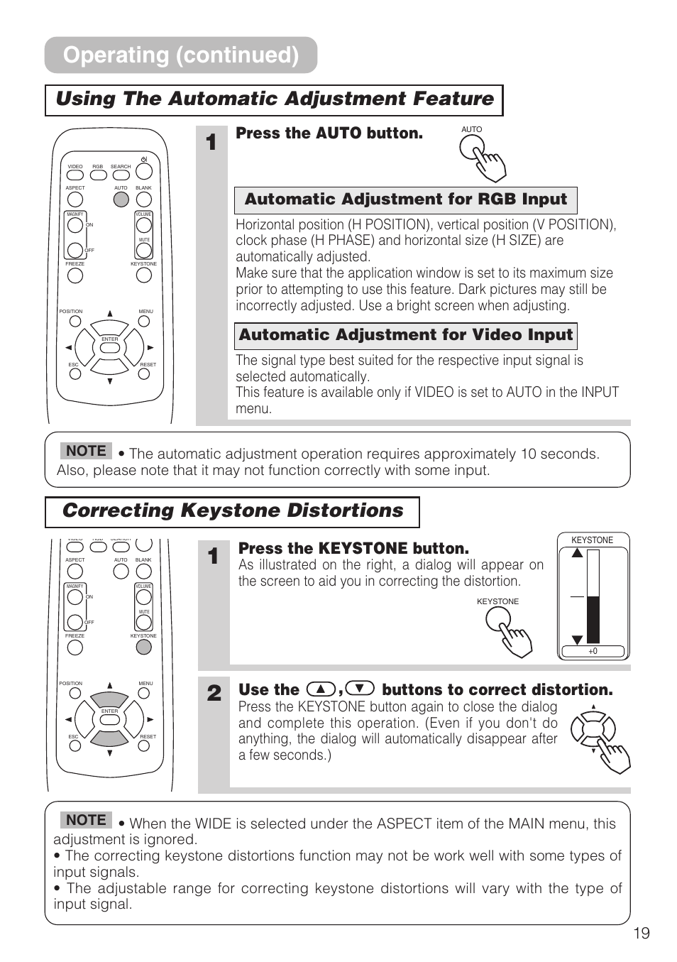 Operating (continued), Press the auto button, Press the keystone button | Use the , buttons to correct distortion | Hitachi CP-S210F User Manual | Page 19 / 55