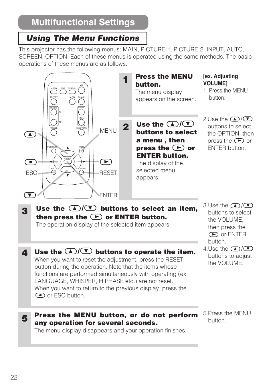 Multifunctional settings, Using the menu functions, Press the menu button | Use the / buttons to operate the item | Hitachi CP-S210F User Manual | Page 22 / 55