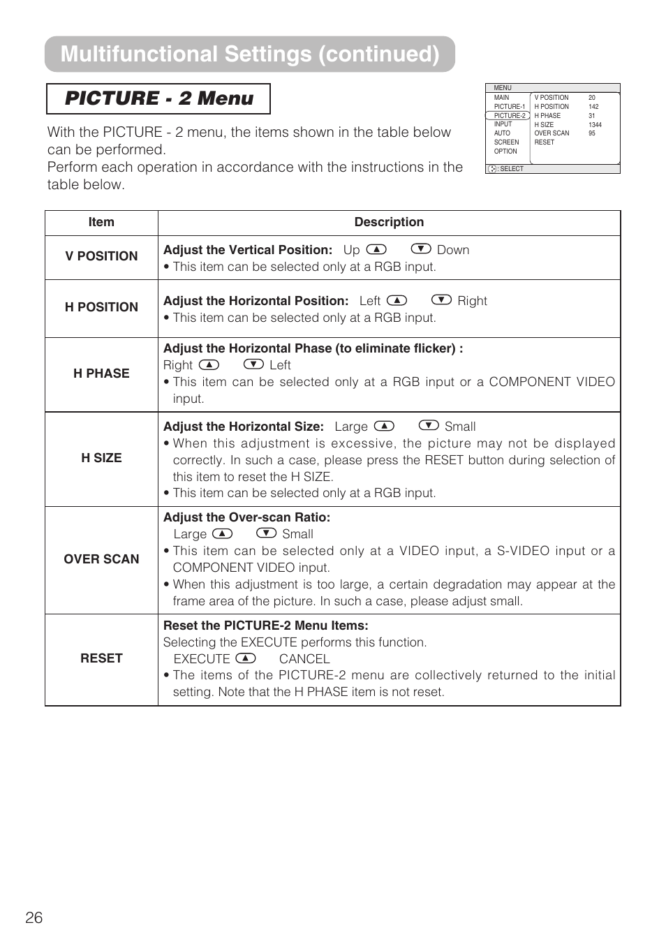 Multifunctional settings (continued), Picture - 2 menu | Hitachi CP-S210F User Manual | Page 26 / 55