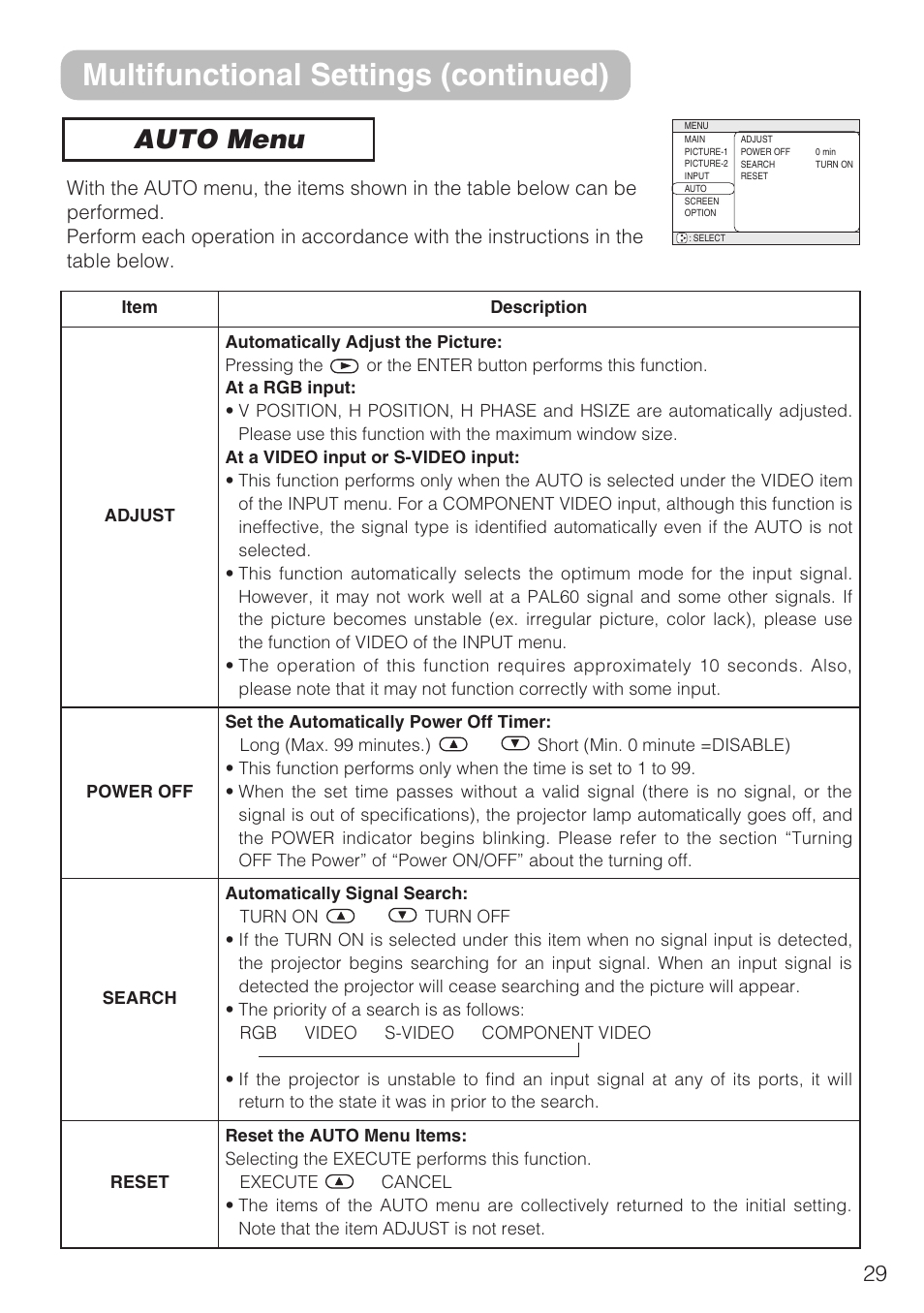 Multifunctional settings (continued), Auto menu | Hitachi CP-S210F User Manual | Page 29 / 55