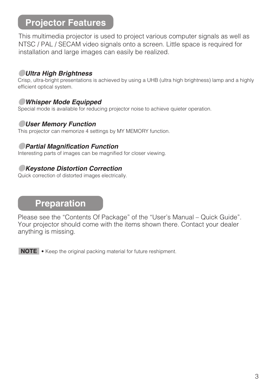 Preparation, Projector features | Hitachi CP-S210F User Manual | Page 3 / 55