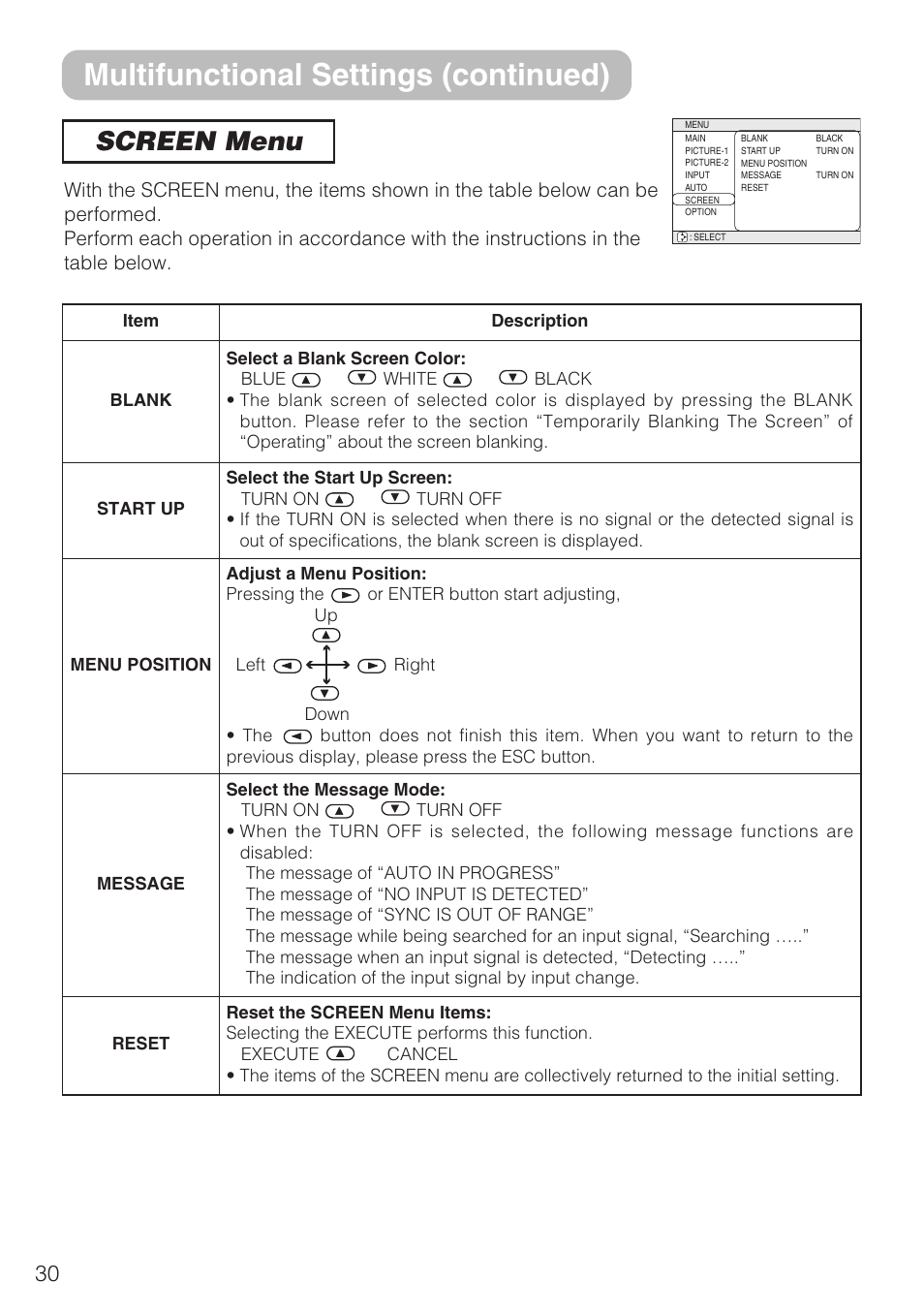 Multifunctional settings (continued), Screen menu | Hitachi CP-S210F User Manual | Page 30 / 55