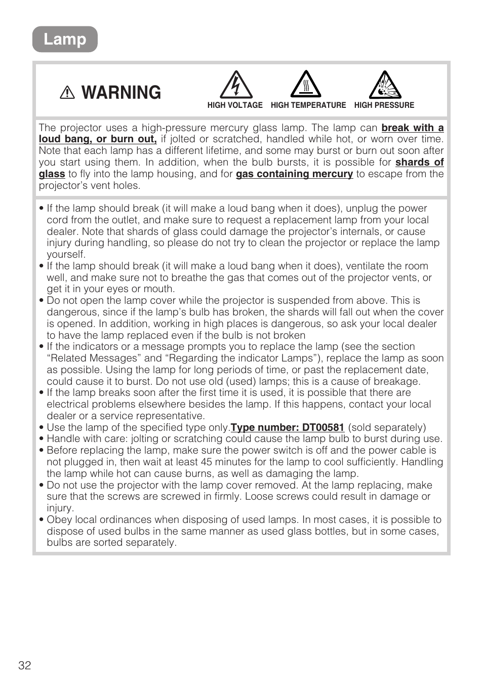 Warning, Lamp | Hitachi CP-S210F User Manual | Page 32 / 55