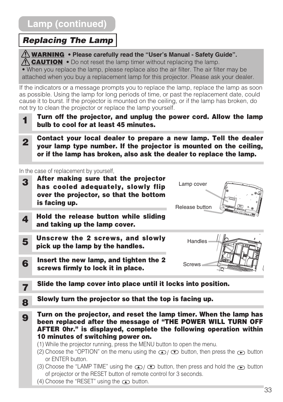 78 lamp (continued), Replacing the lamp | Hitachi CP-S210F User Manual | Page 33 / 55