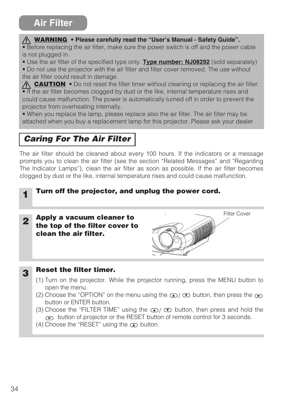 Air filter, Caring for the air filter | Hitachi CP-S210F User Manual | Page 34 / 55