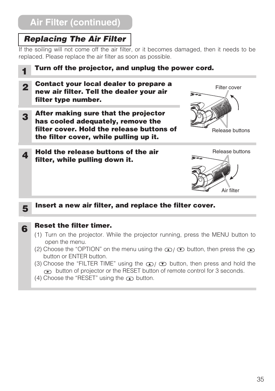 5air filter (continued), Replacing the air filter | Hitachi CP-S210F User Manual | Page 35 / 55