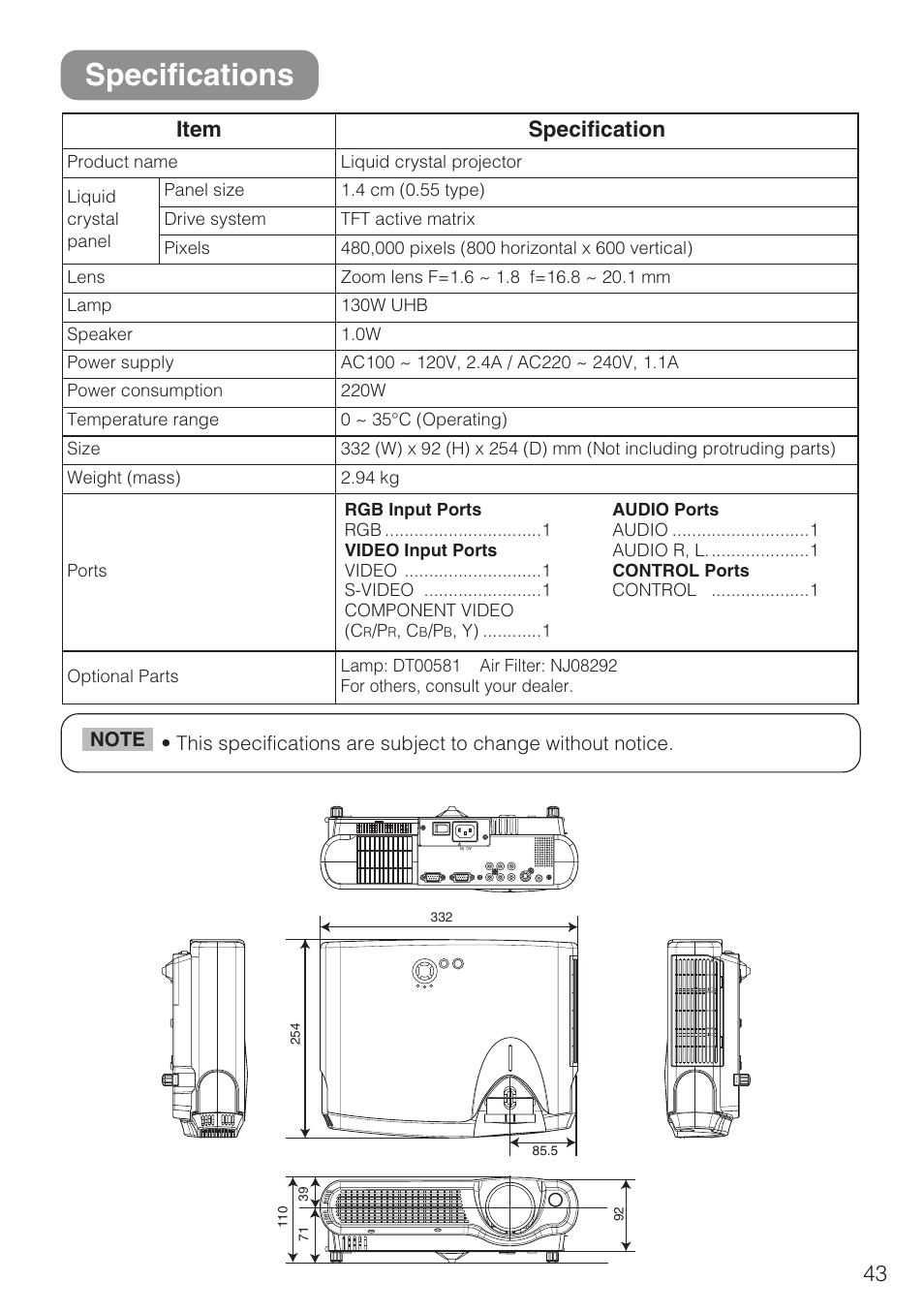 Specifications, Item specification | Hitachi CP-S210F User Manual | Page 43 / 55