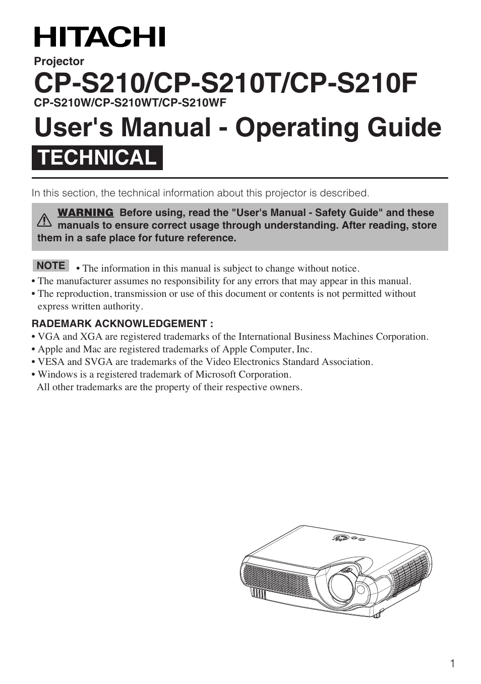 User's manual - operating guide, Technical | Hitachi CP-S210F User Manual | Page 44 / 55