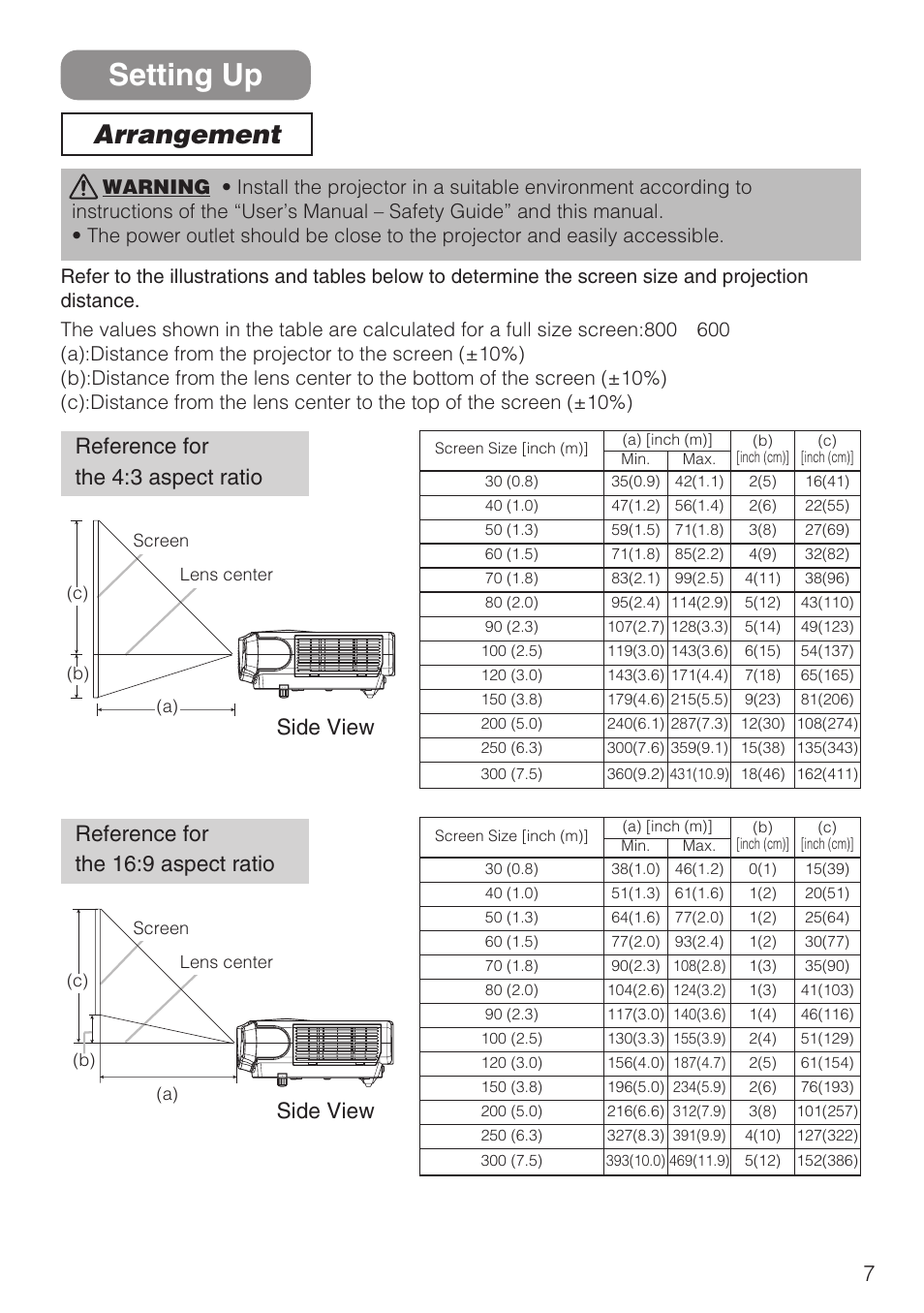 Setting up, Arrangement, Reference for the 4:3 aspect ratio | Hitachi CP-S210F User Manual | Page 7 / 55