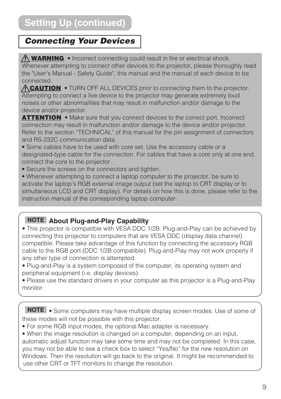 Setting up (continued), Connecting your devices | Hitachi CP-S210F User Manual | Page 9 / 55