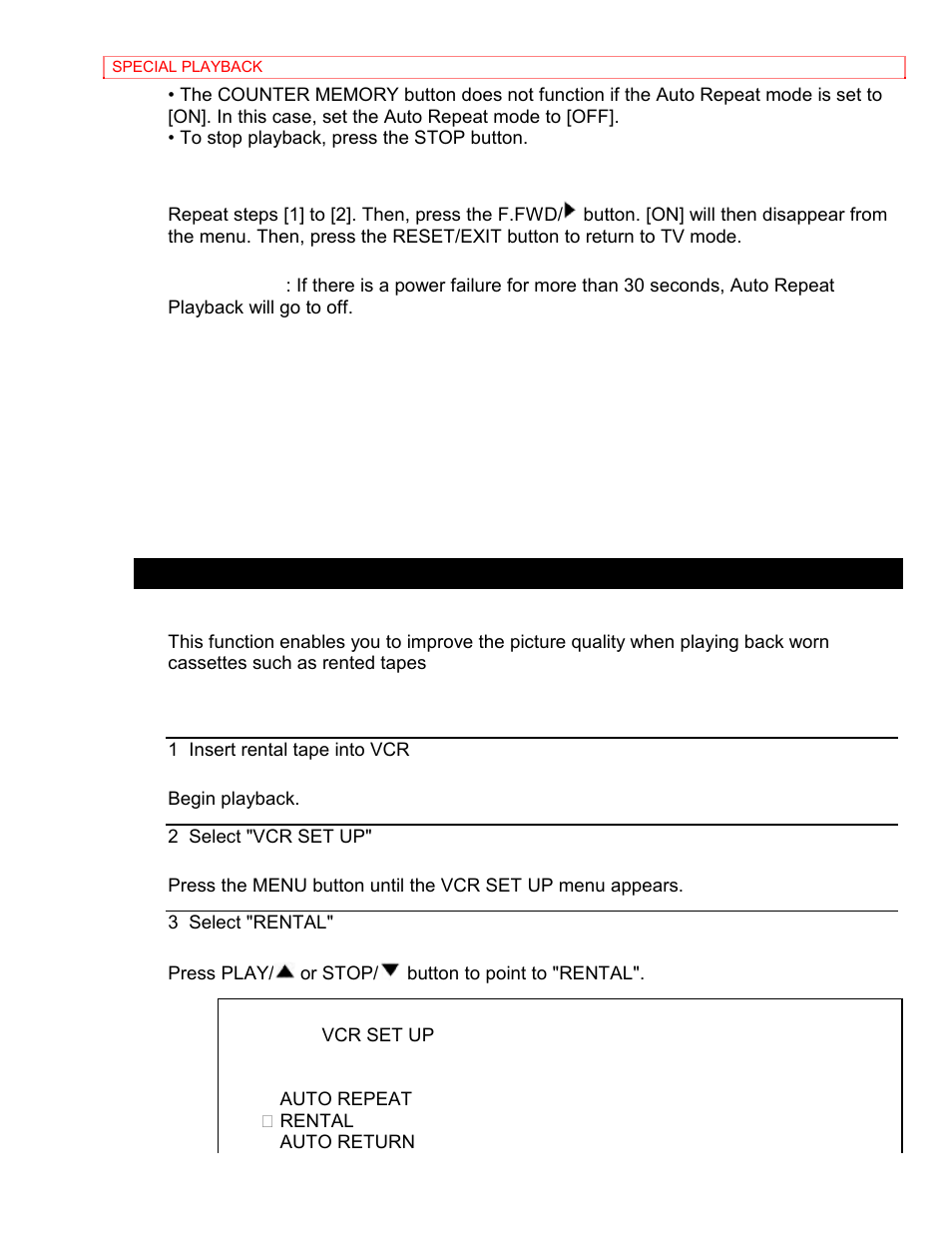 To exit the auto repeat mode, Rental playback | Hitachi VT-MX4410A User Manual | Page 42 / 72