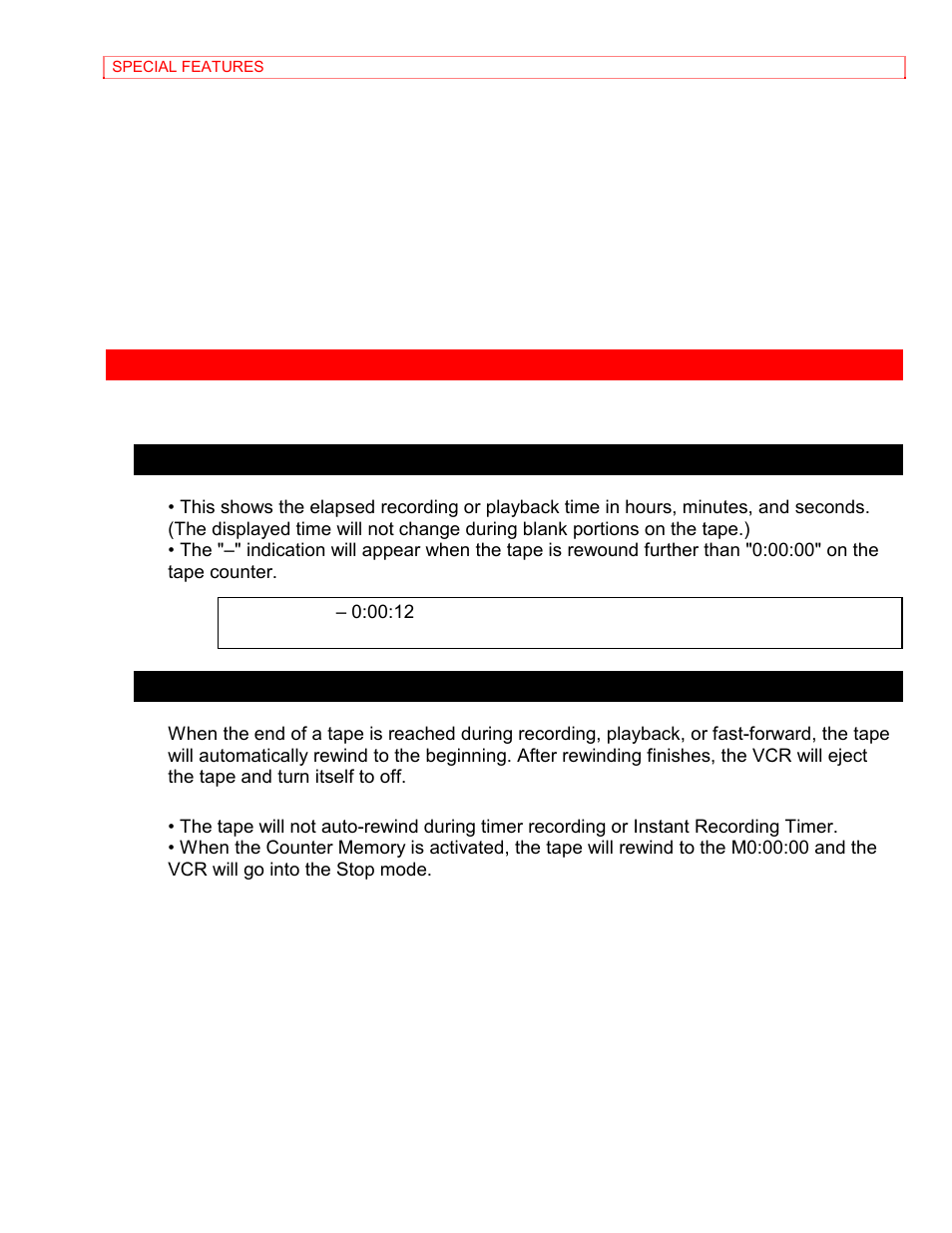 Special features, Real time tape counter, Auto rewind | Hitachi VT-MX4410A User Manual | Page 67 / 72