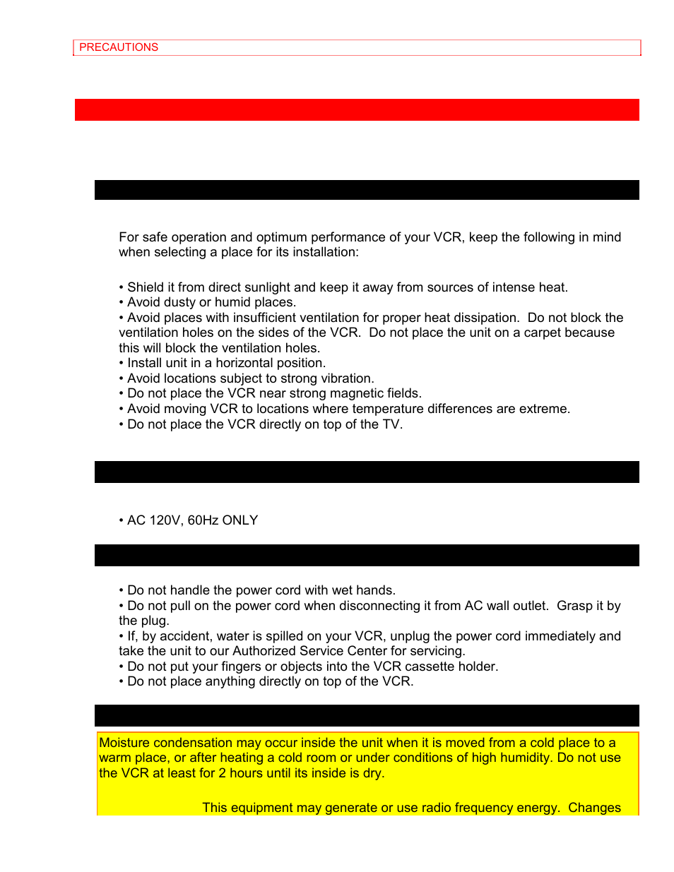 Precautions, Location, Power supply | Avoid the hazards of electrical shock and fire, Warning | Hitachi VT-MX4410A User Manual | Page 9 / 72