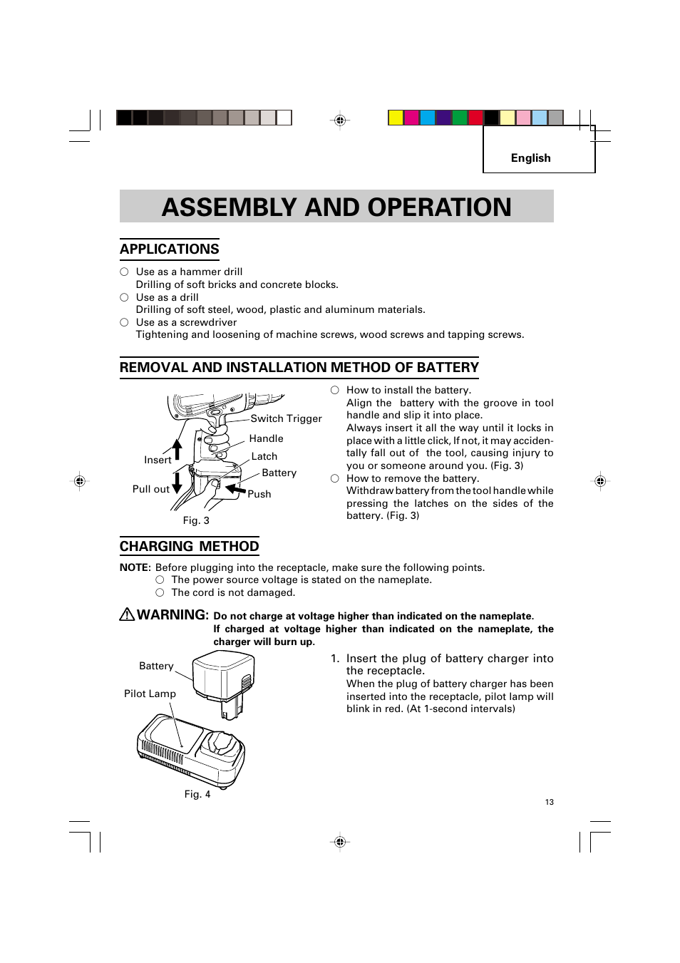 Assembly and operation, Applications, Removal and installation method of battery | Charging method, Warning | Hitachi VARIABLE SPEED DV 14DV User Manual | Page 13 / 68