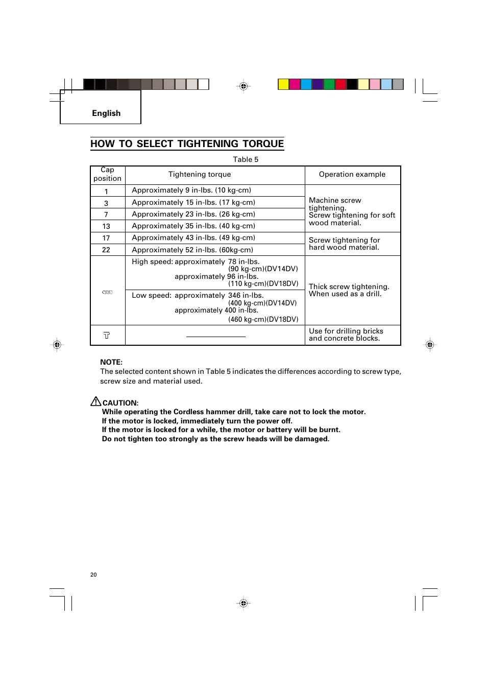 How to select tightening torque | Hitachi VARIABLE SPEED DV 14DV User Manual | Page 20 / 68