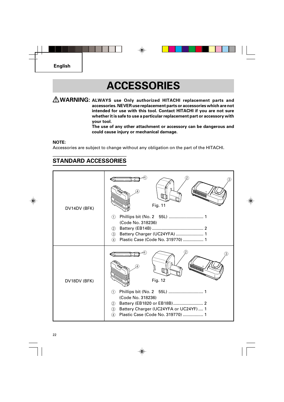 Accessories, Warning, Standard accessories | Hitachi VARIABLE SPEED DV 14DV User Manual | Page 22 / 68