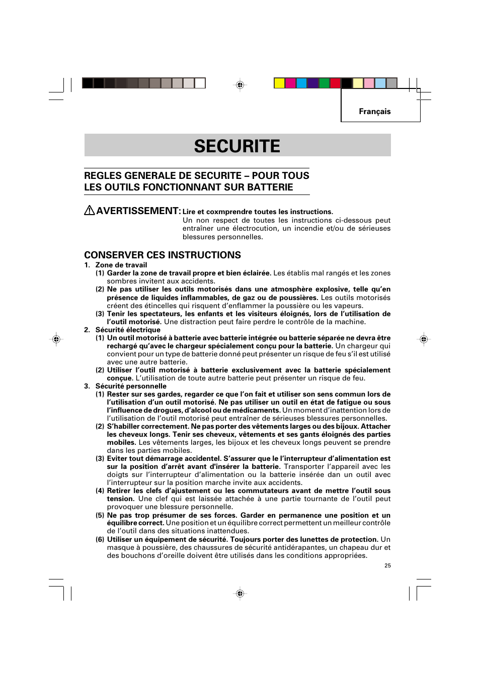 Securite, Conserver ces instructions | Hitachi VARIABLE SPEED DV 14DV User Manual | Page 25 / 68