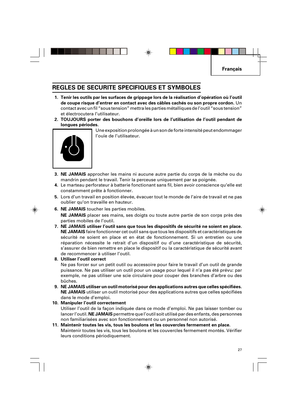 Regles de securite specifiques et symboles | Hitachi VARIABLE SPEED DV 14DV User Manual | Page 27 / 68
