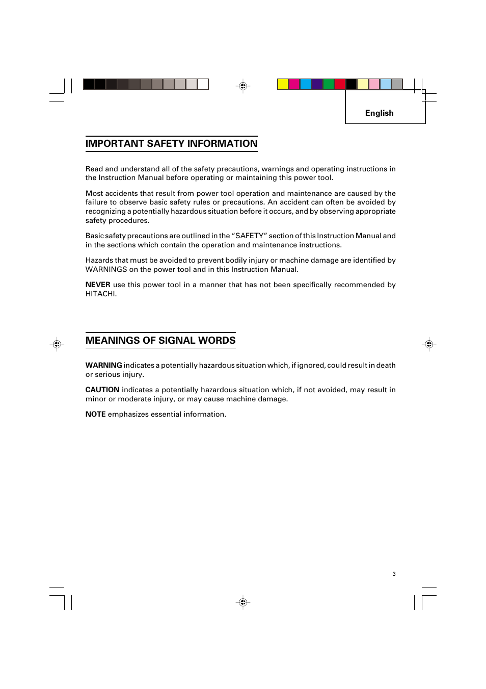 Important safety information, Meanings of signal words | Hitachi VARIABLE SPEED DV 14DV User Manual | Page 3 / 68