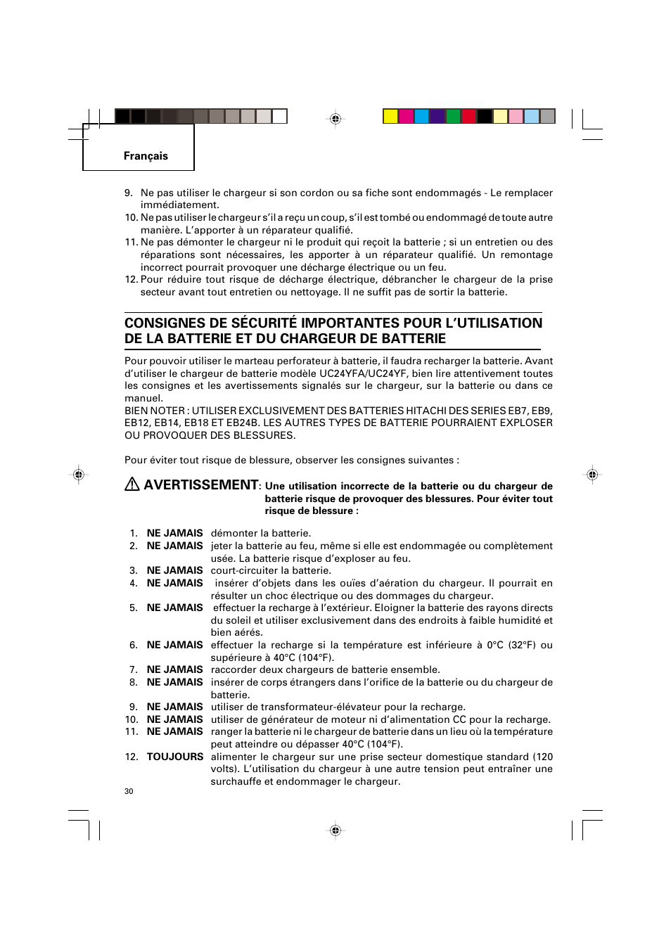 Avertissement | Hitachi VARIABLE SPEED DV 14DV User Manual | Page 30 / 68
