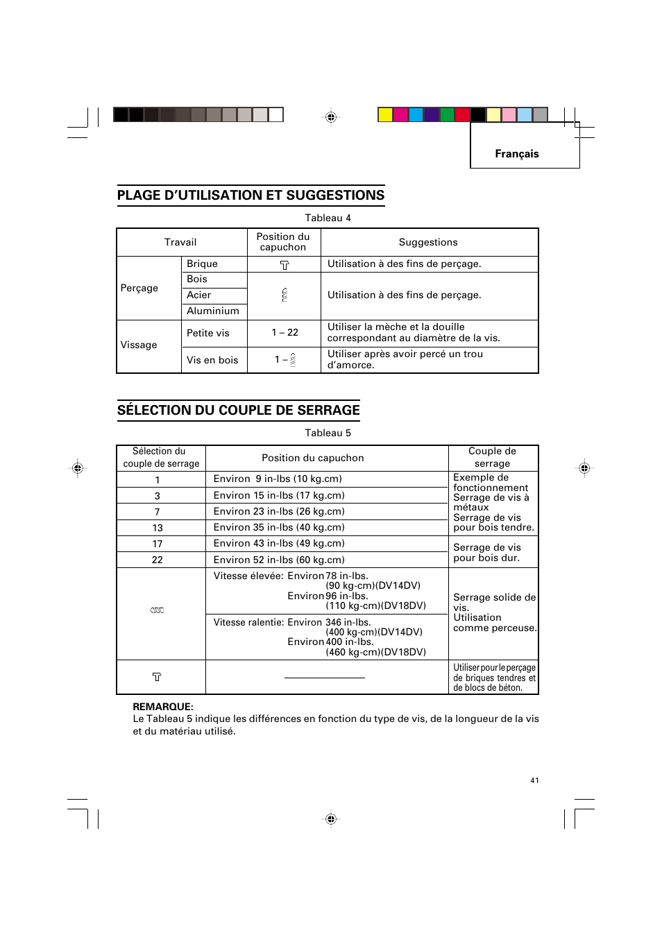 Plage d’utilisation et suggestions, Sélection du couple de serrage | Hitachi VARIABLE SPEED DV 14DV User Manual | Page 41 / 68