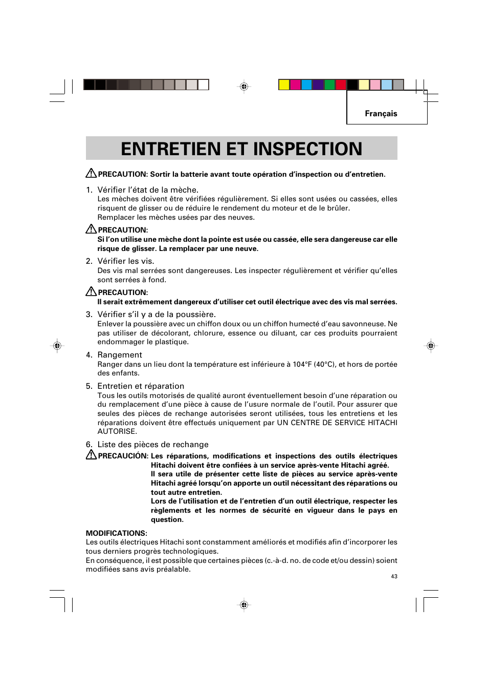 Entretien et inspection | Hitachi VARIABLE SPEED DV 14DV User Manual | Page 43 / 68