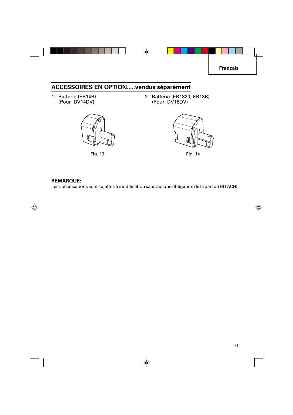 Accessoires en option.....vendus séparément | Hitachi VARIABLE SPEED DV 14DV User Manual | Page 45 / 68