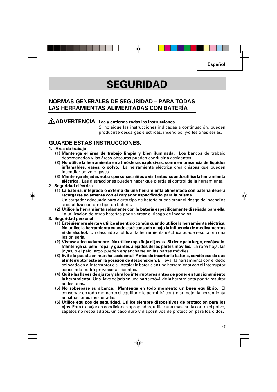 Seguridad, Guarde estas instrucciones | Hitachi VARIABLE SPEED DV 14DV User Manual | Page 47 / 68