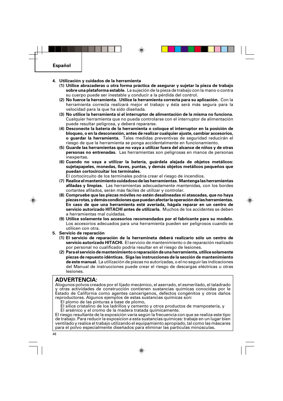 Advertencia | Hitachi VARIABLE SPEED DV 14DV User Manual | Page 48 / 68