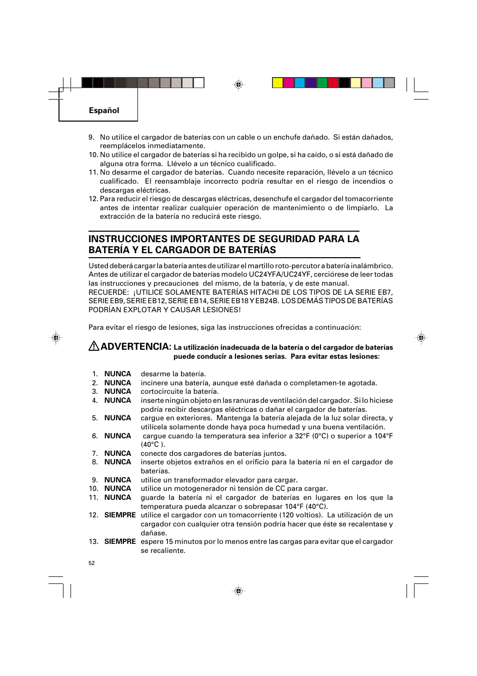 Advertencia | Hitachi VARIABLE SPEED DV 14DV User Manual | Page 52 / 68