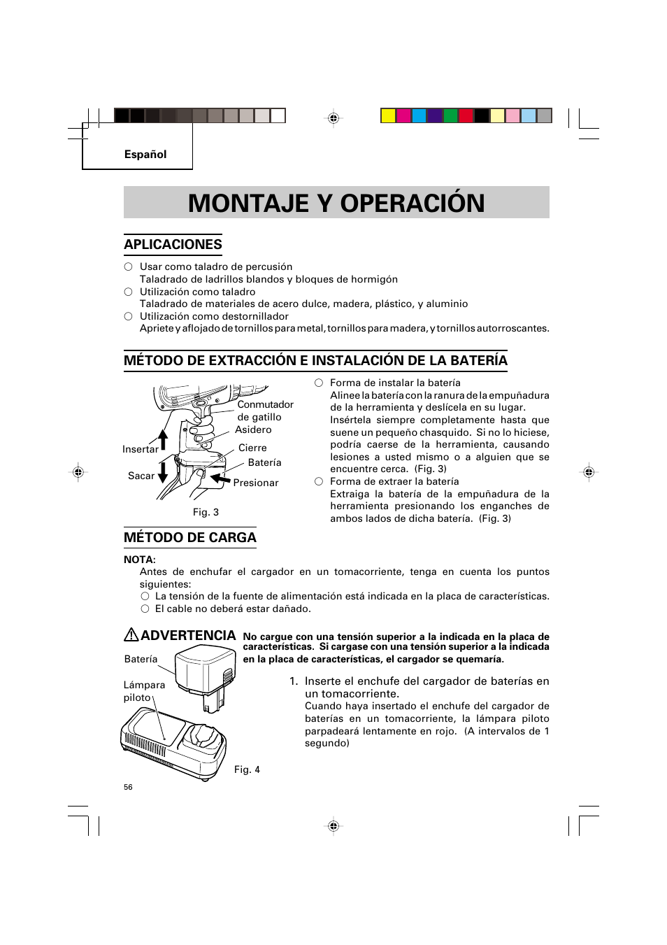 Montaje y operación, Aplicaciones, Método de extracción e instalación de la batería | Método de carga, Advertencia | Hitachi VARIABLE SPEED DV 14DV User Manual | Page 56 / 68