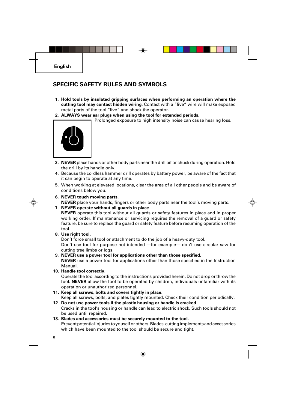 Specific safety rules and symbols | Hitachi VARIABLE SPEED DV 14DV User Manual | Page 6 / 68
